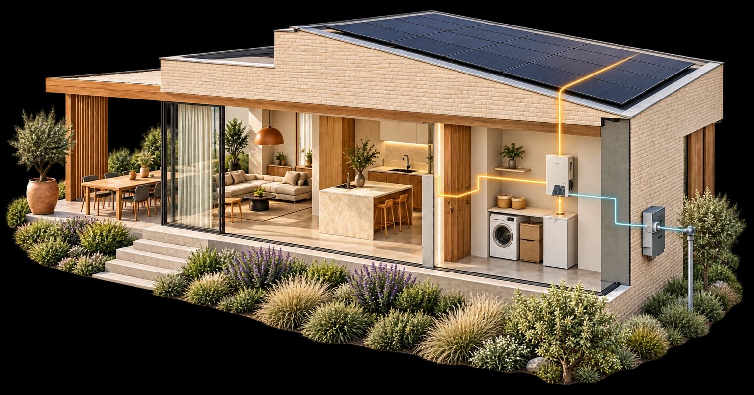 Een woning met dakpanelen, eigen stroomgebruik in huis en een afzonderlijke blauwgrijze verbinding met het net.